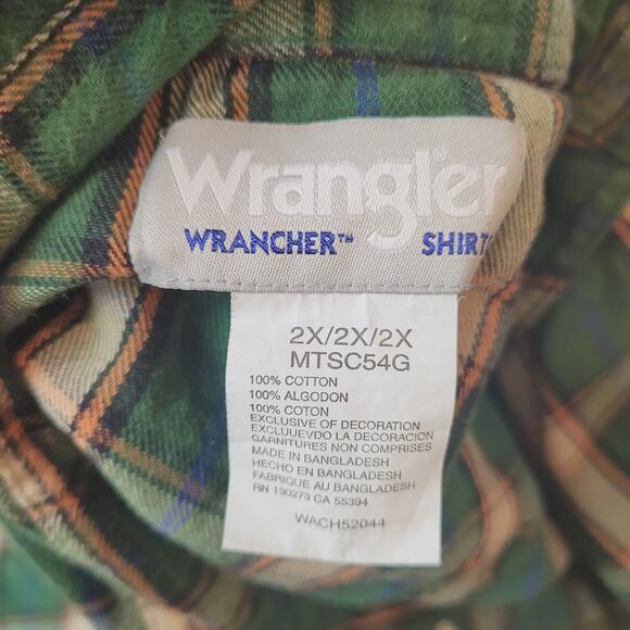 Wrangler Western Shirt 2XL Pearl Snap Flannel Wrancher Green Plaid Cotton XXL - Picture 4 of 4